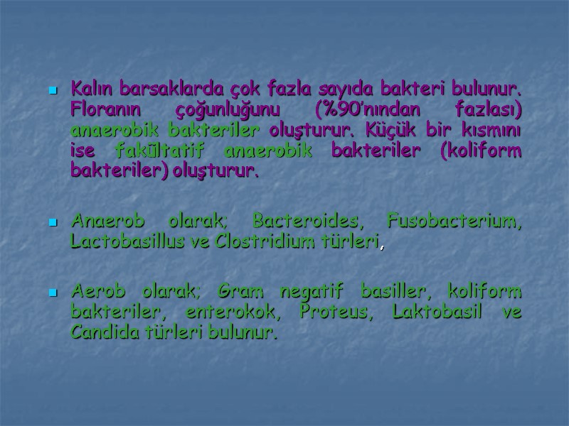 Kalın barsaklarda çok fazla sayıda bakteri bulunur. Floranın çoğunluğunu (%90’nından fazlası) anaerobik bakteriler oluşturur.